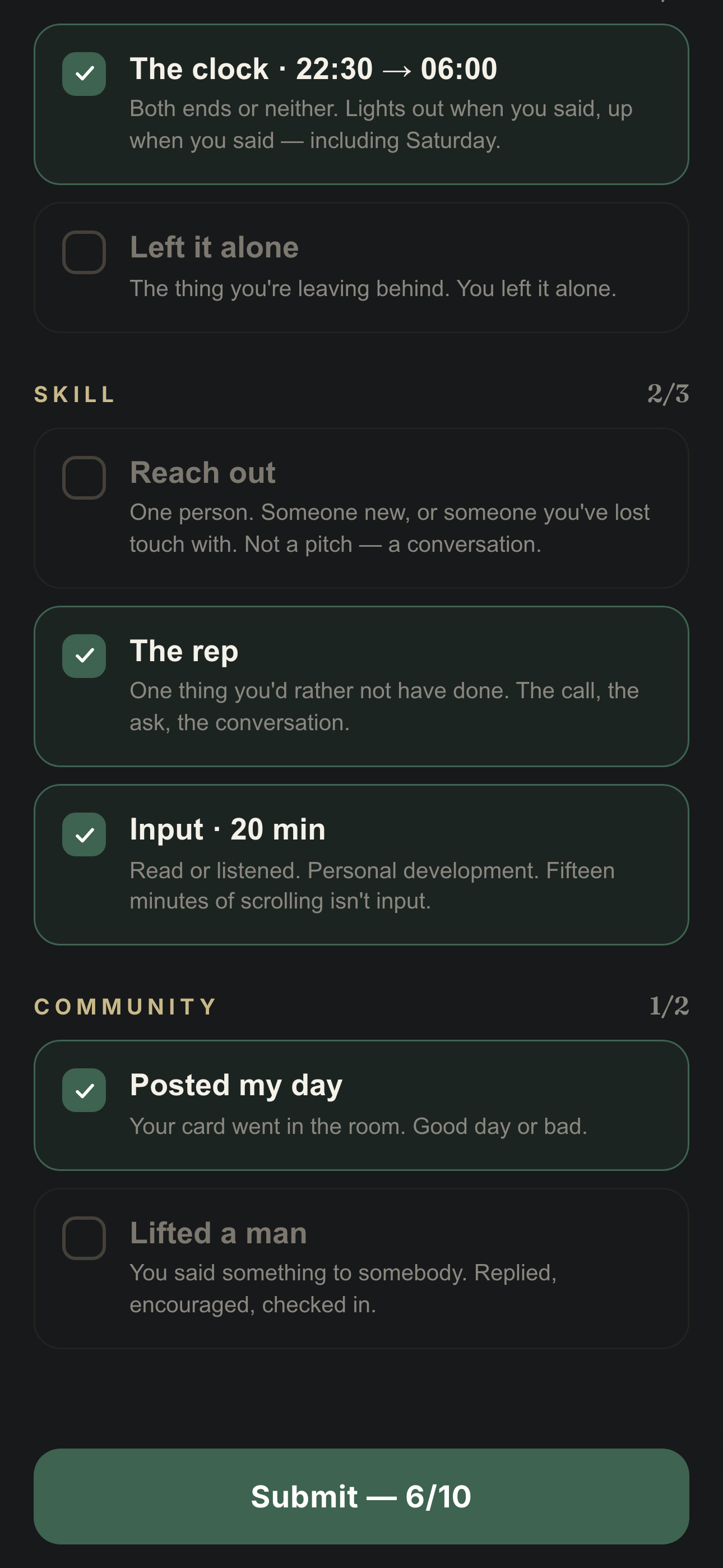 The First 30 morning card on a phone — Skill and Community reps, six of ten ticked, Submit at 6 of 10